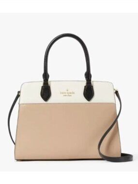 Kate Spade Womens Cream Tan Black Leather Madison Top Zip Medium Satchel